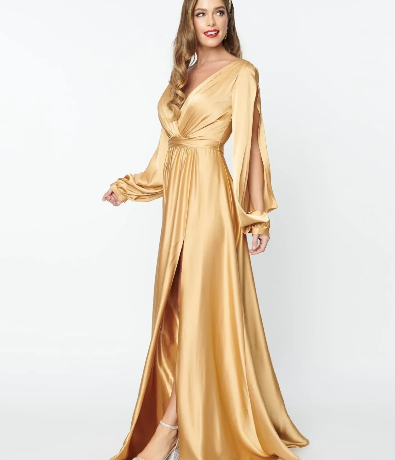 Unique Vintage Special Occasion|Prom Dresses>Gold Satin Long Sleeve Goddess Gown