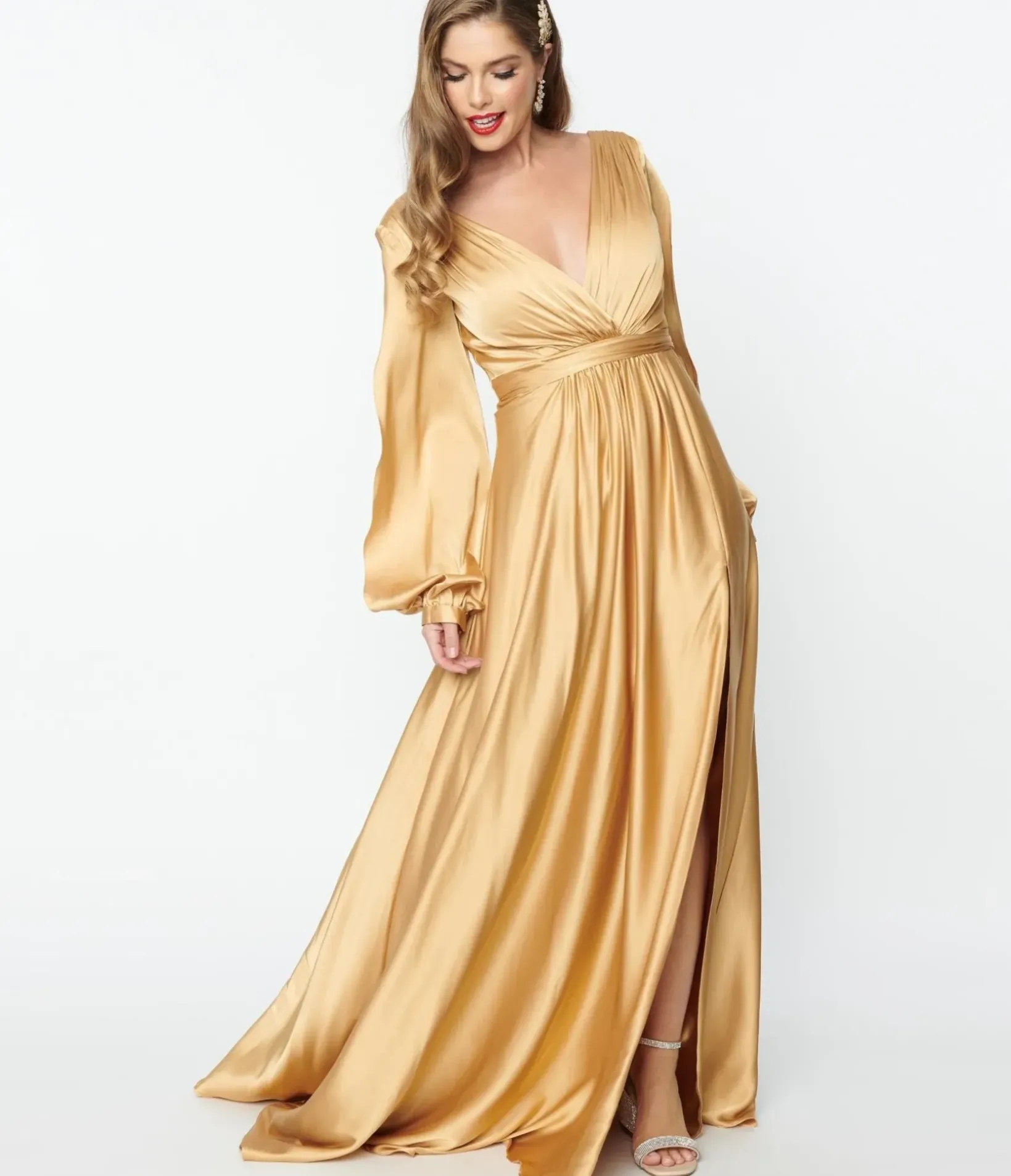 Unique Vintage Special Occasion|Prom Dresses>Gold Satin Long Sleeve Goddess Gown