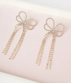 Unique Vintage Special Occasion|Prom Accessories>Gold & Silver Rhinestone Bow Dangle Earrings