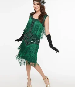 Unique Vintage Everyday Dresses|Special Occasion>Green Beaded Fringe Flapper Dress