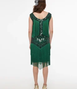 Unique Vintage Everyday Dresses|Special Occasion>Green Beaded Fringe Flapper Dress