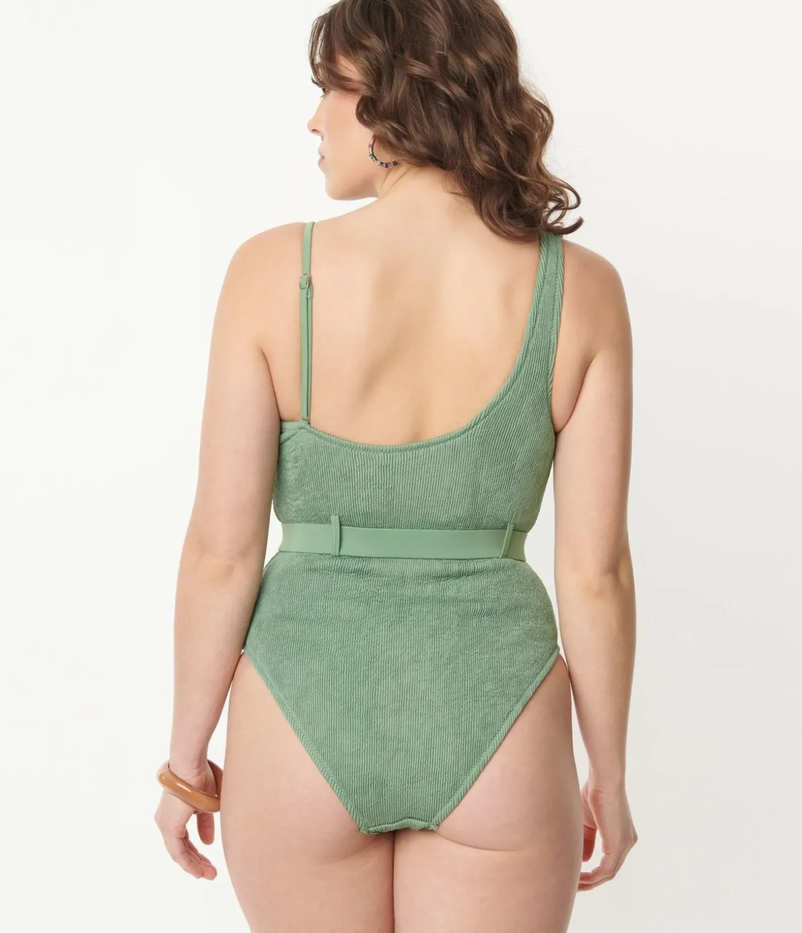 Unique Vintage One Piece Swim>Green Belted One Piece Swimsuit