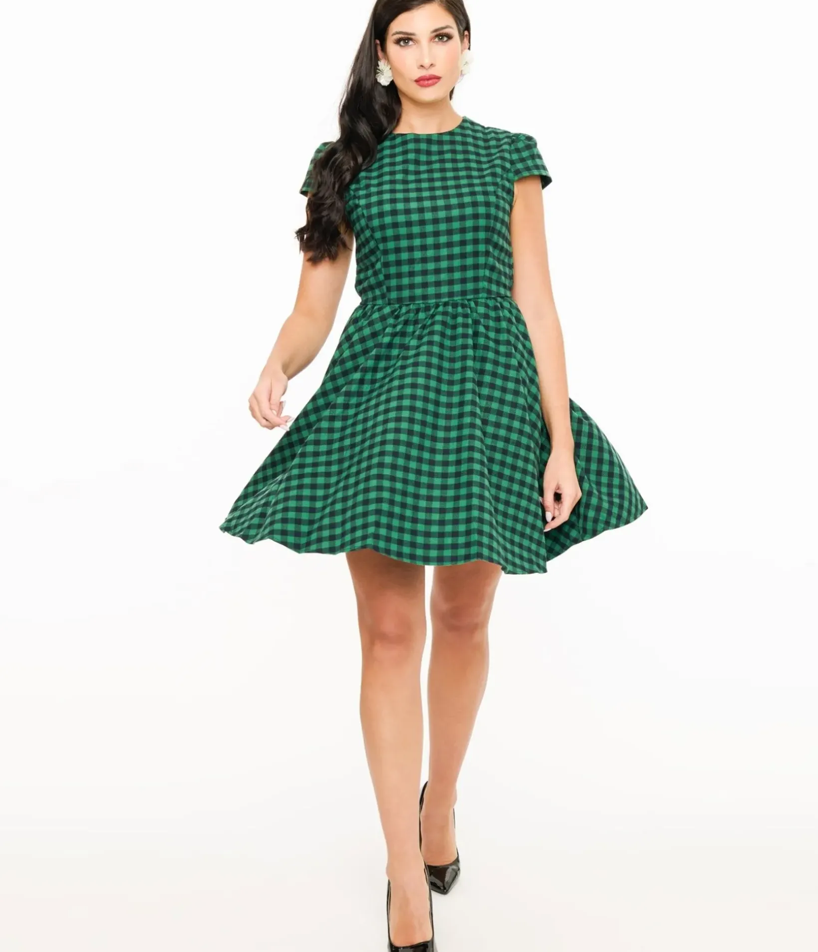 Unique Vintage Fit & Flare|Pocket Dresses>Green & Black Plaid Mini Dress