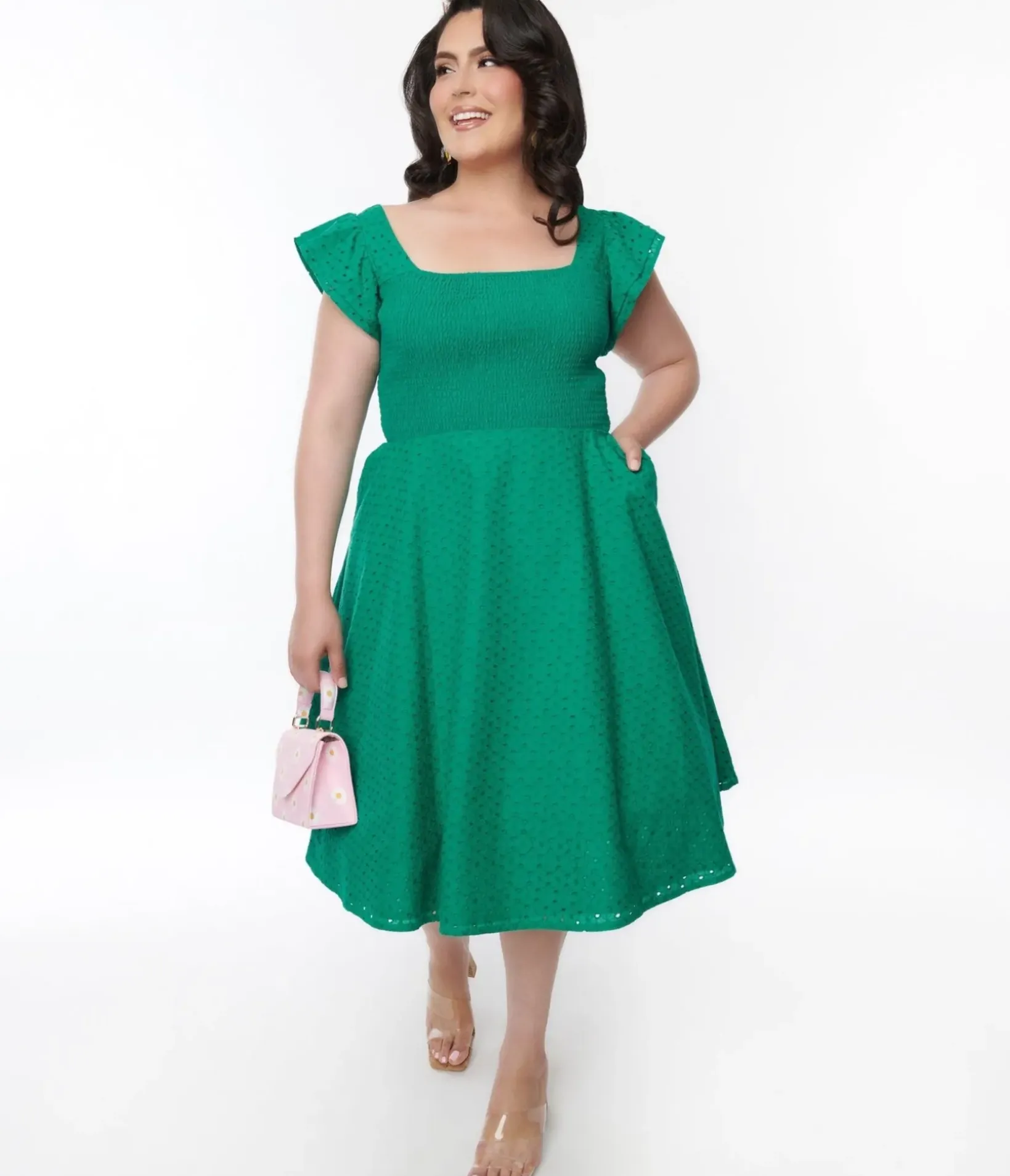 Unique Vintage Swing|Fit & Flare>Green Eyelet Ruffle Sleeve Swing Dress