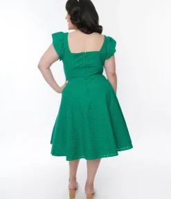 Unique Vintage Swing|Fit & Flare>Green Eyelet Ruffle Sleeve Swing Dress