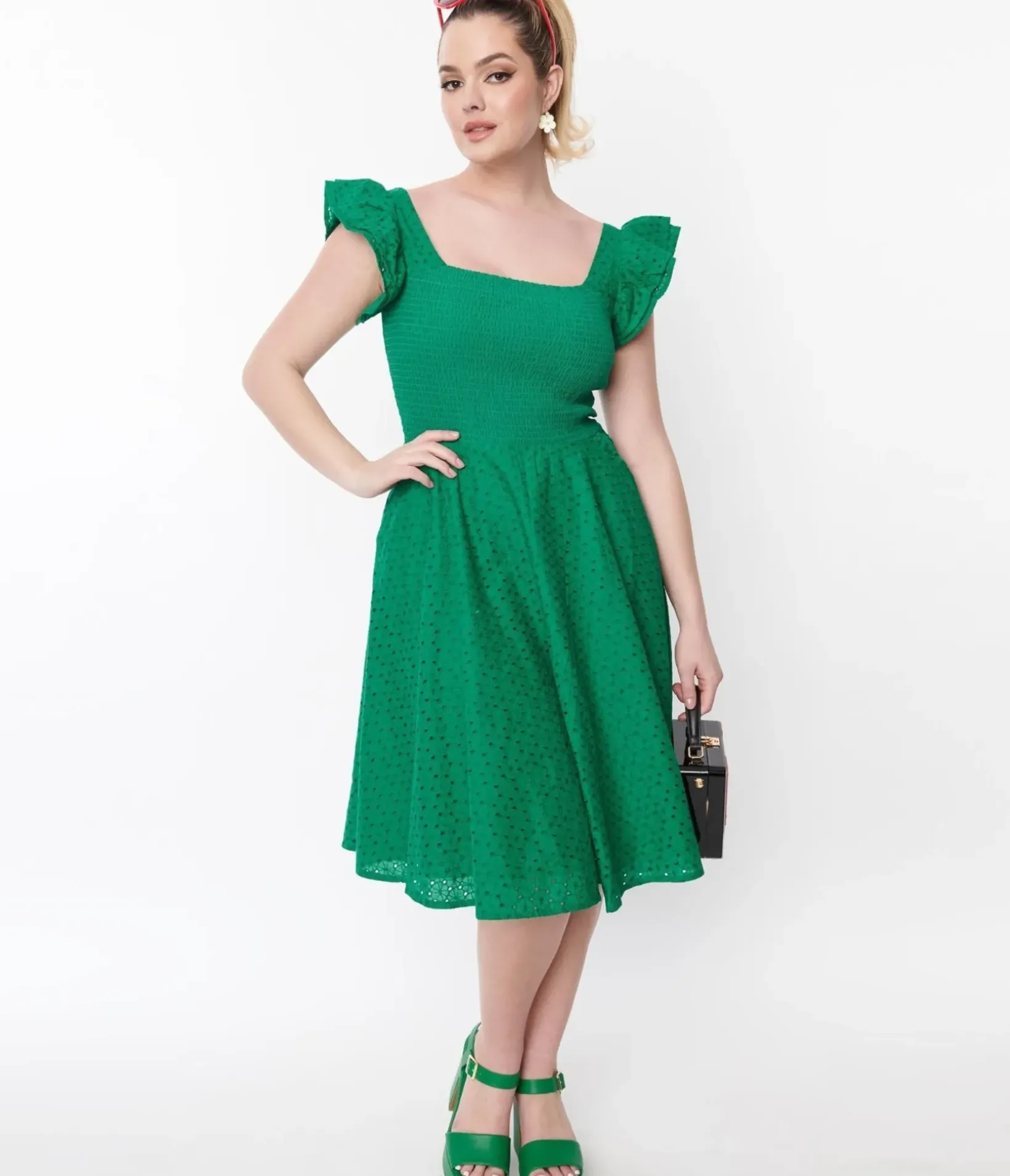 Unique Vintage Swing|Fit & Flare>Green Eyelet Ruffle Sleeve Swing Dress