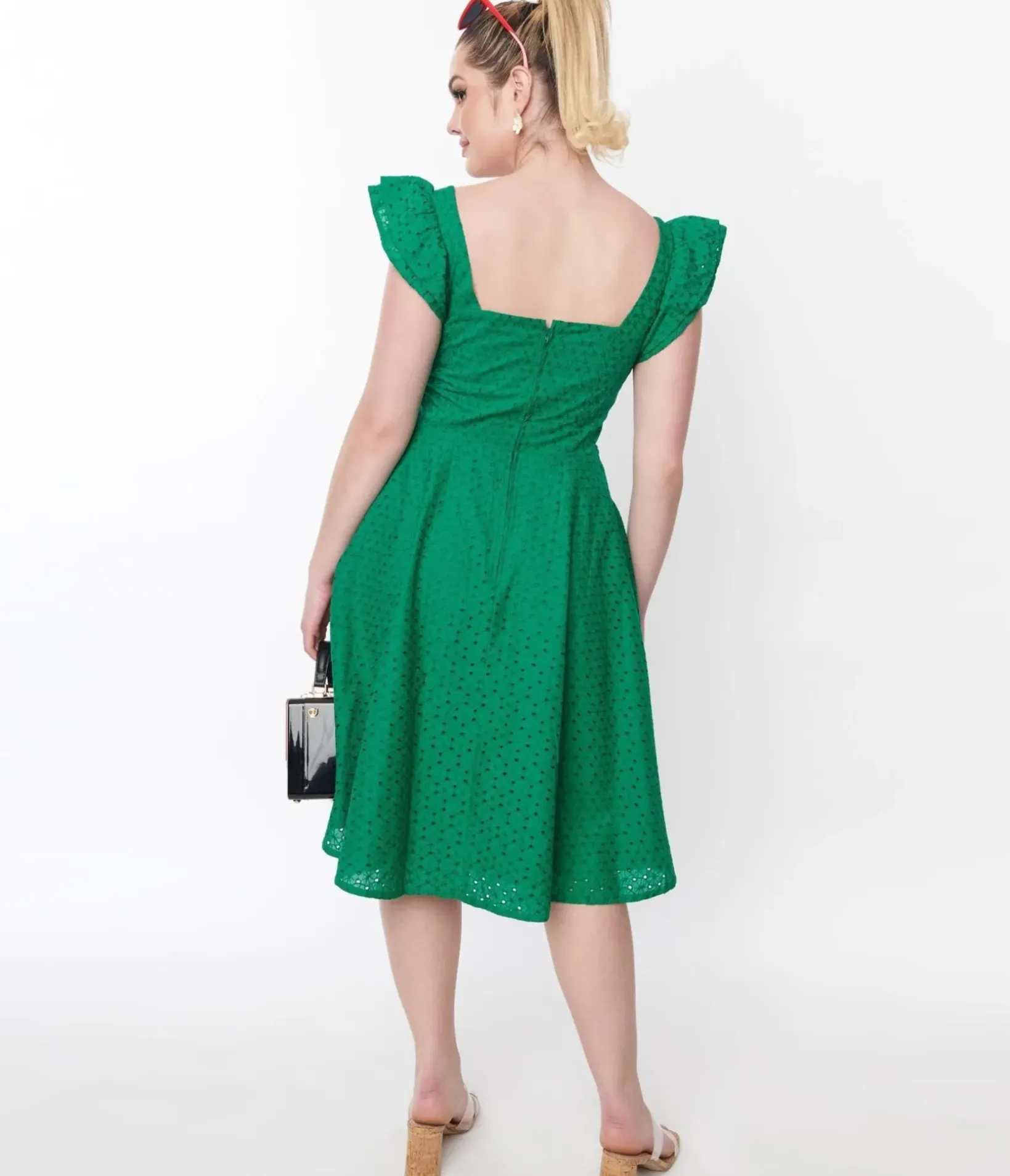 Unique Vintage Swing|Fit & Flare>Green Eyelet Ruffle Sleeve Swing Dress