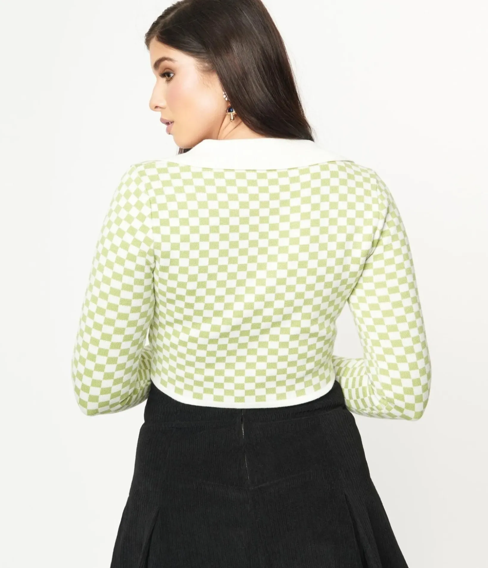 Unique Vintage Sweaters & Cardigans>Green & Ivory Check Crop Cardigan