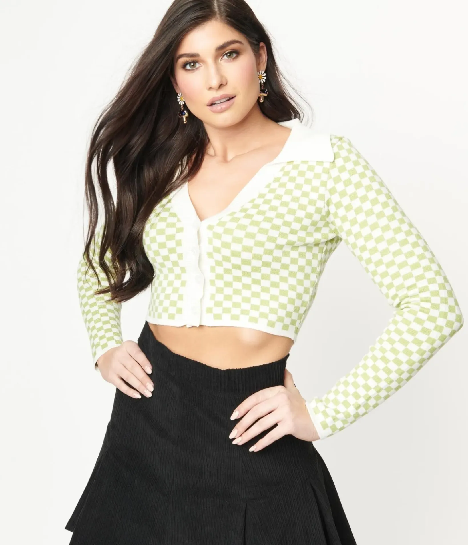 Unique Vintage Sweaters & Cardigans>Green & Ivory Check Crop Cardigan