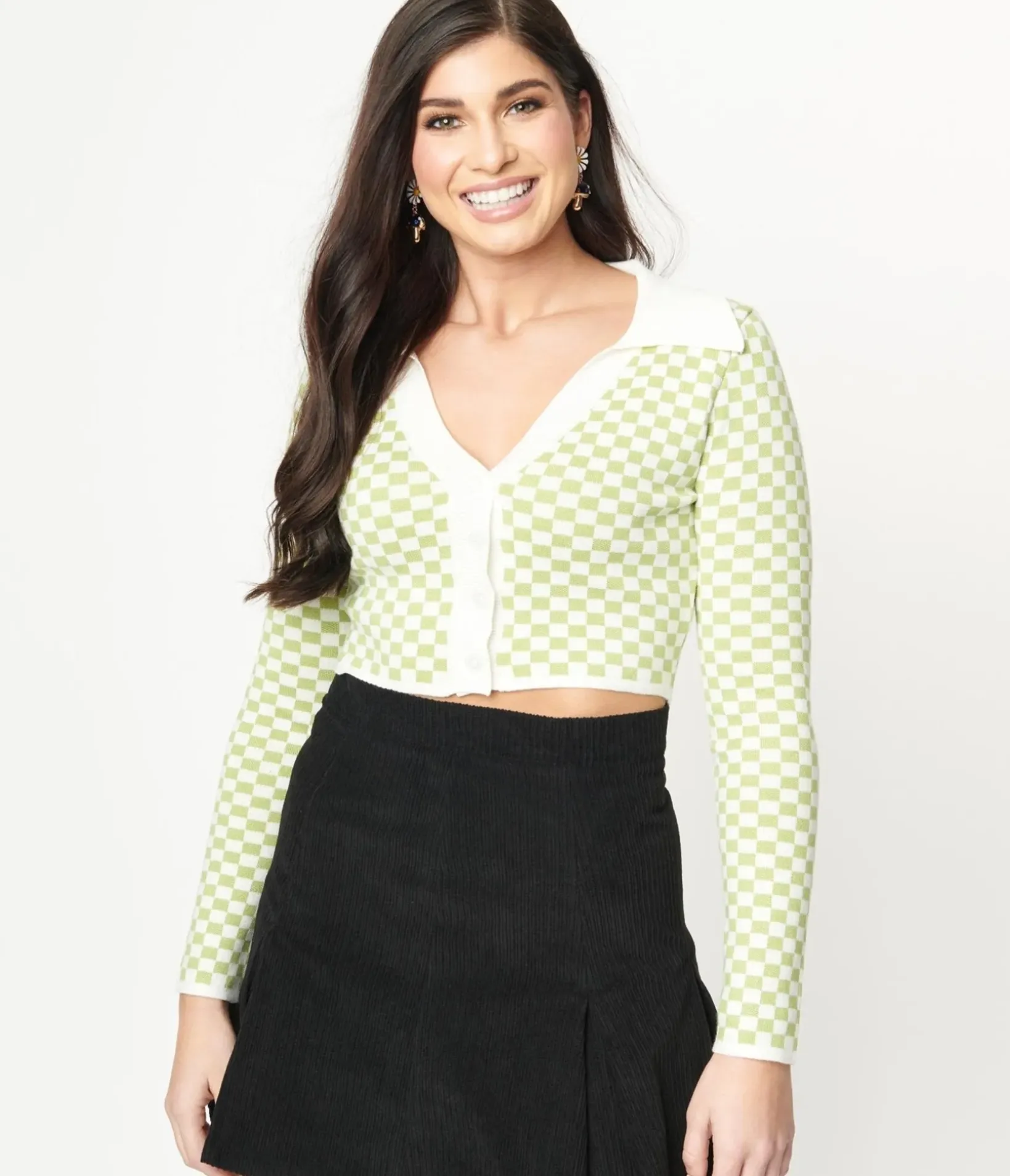 Unique Vintage Sweaters & Cardigans>Green & Ivory Check Crop Cardigan