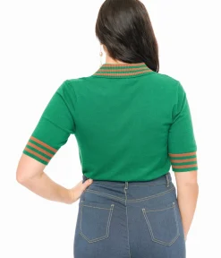 Unique Vintage Sweaters & Cardigans>Green & Orange Striped Collar Knit Sweater
