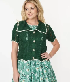 Unique Vintage Sweaters & Cardigans|Work Wear>Green Perforated Knit Cardigan
