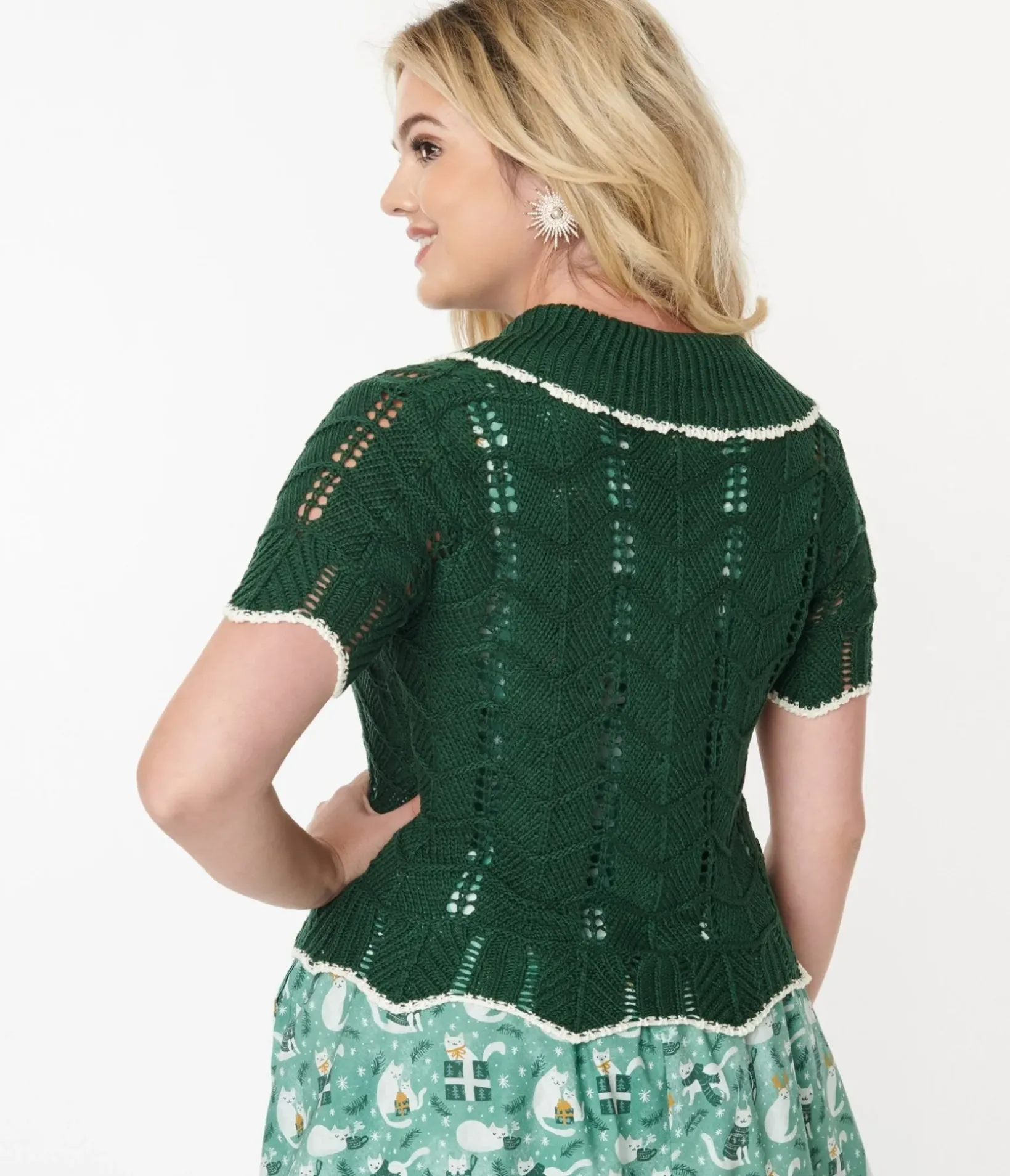 Unique Vintage Sweaters & Cardigans|Work Wear>Green Perforated Knit Cardigan