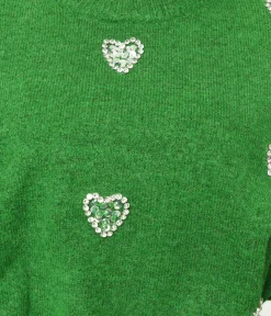 Unique Vintage Sweaters & Cardigans>Green Rhinestone Hearts Embellished Pullover Sweater