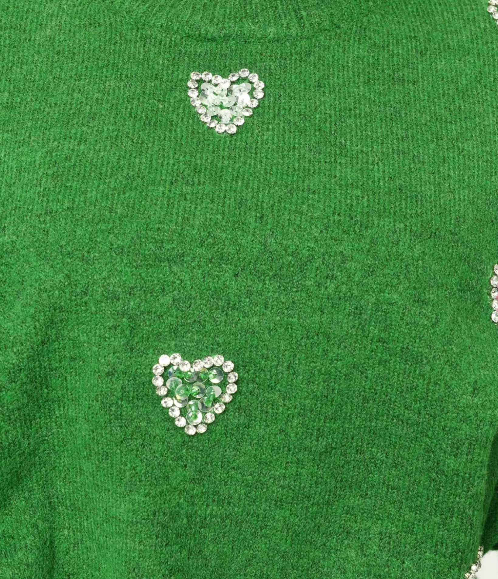 Unique Vintage Sweaters & Cardigans>Green Rhinestone Hearts Embellished Pullover Sweater