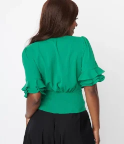 Unique Vintage Work Wear>Green Ruffle Sleeve Blouse