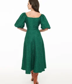 Unique Vintage Midi|Pocket Dresses>Green Textured Goddress Behavior Midi Dress