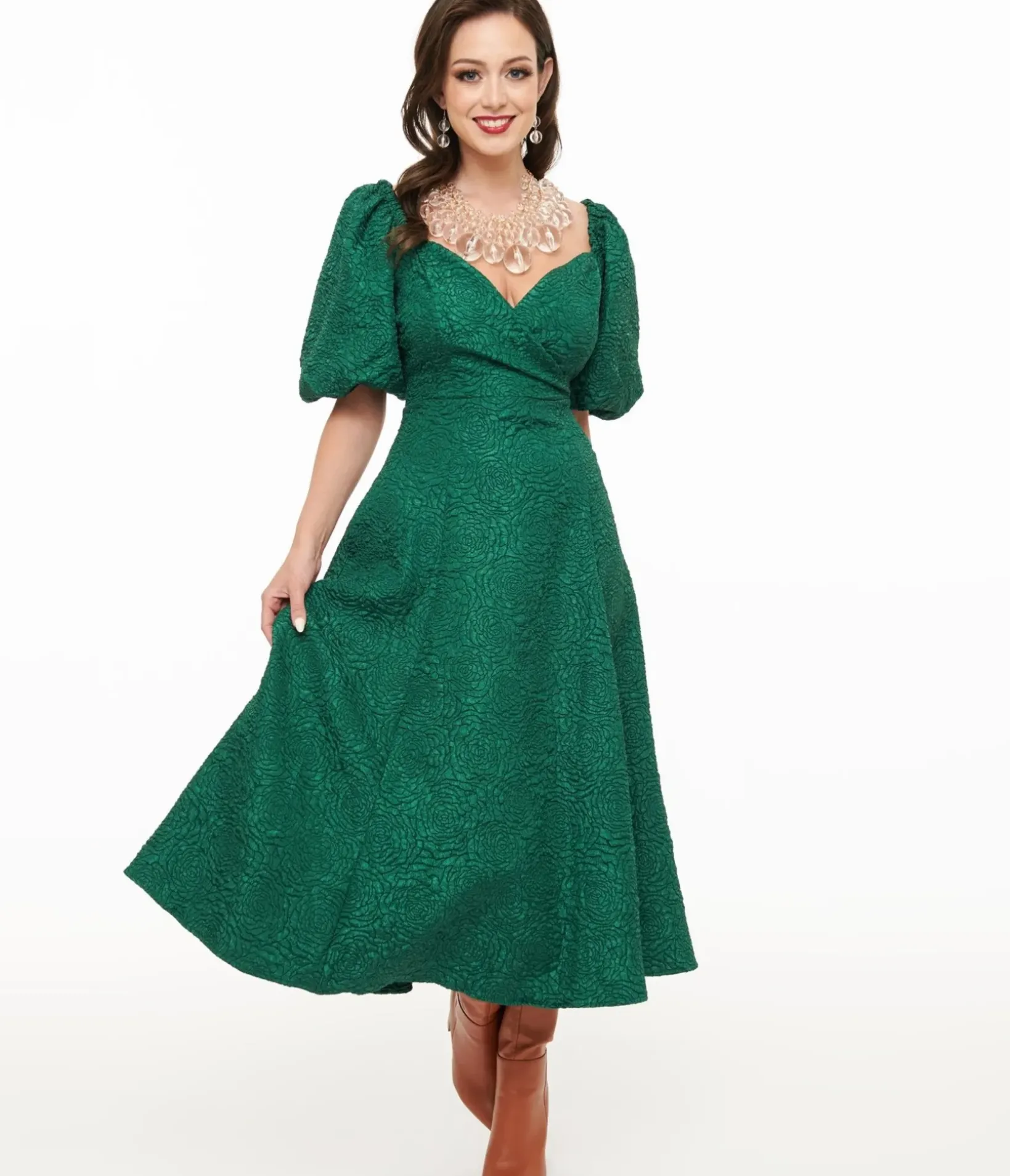 Unique Vintage Midi|Pocket Dresses>Green Textured Goddress Behavior Midi Dress