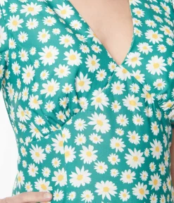 Unique Vintage Midi|Everyday Dresses>Green & White Daisy Midi Dress