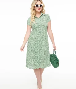 Unique Vintage Midi|Everyday Dresses>Green & White Ditsy Floral Print Button Up Midi Dress