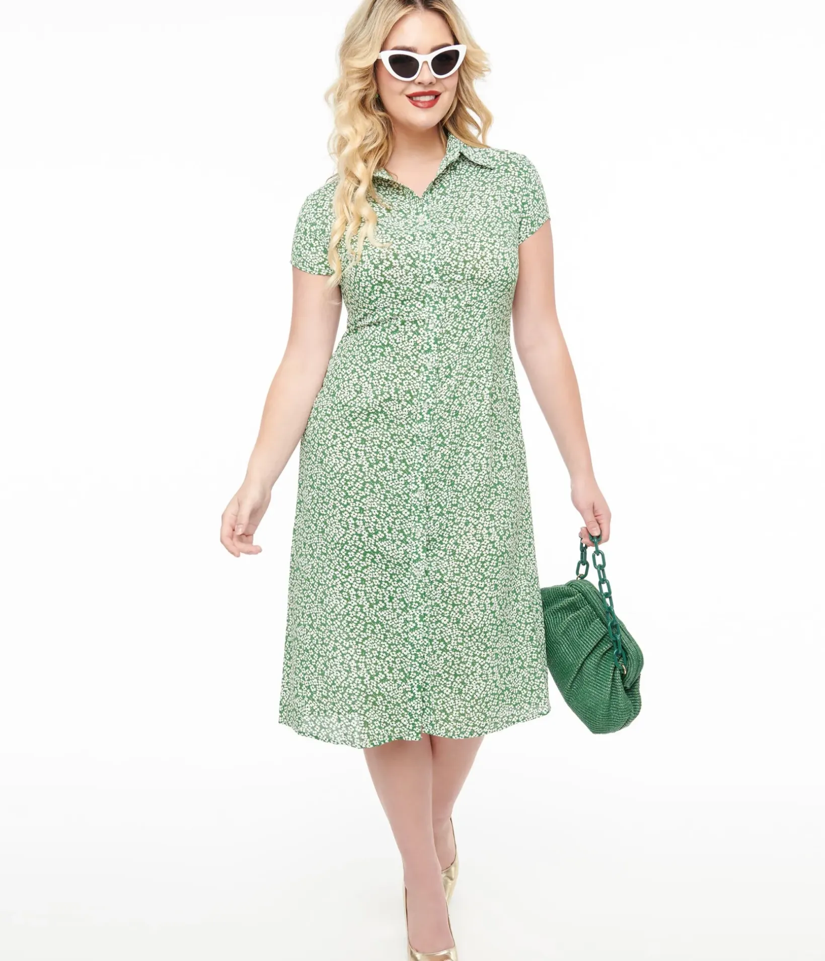 Unique Vintage Midi|Everyday Dresses>Green & White Ditsy Floral Print Button Up Midi Dress