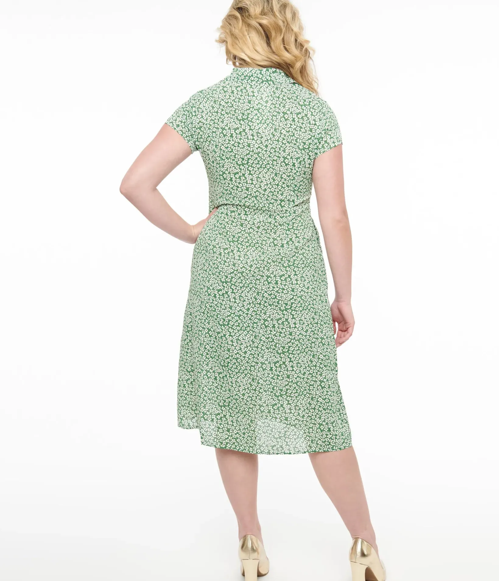 Unique Vintage Midi|Everyday Dresses>Green & White Ditsy Floral Print Button Up Midi Dress