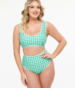 Unique Vintage Swim Bottoms|Two Piece Swim>Green & White Gingham Bikini Bottoms