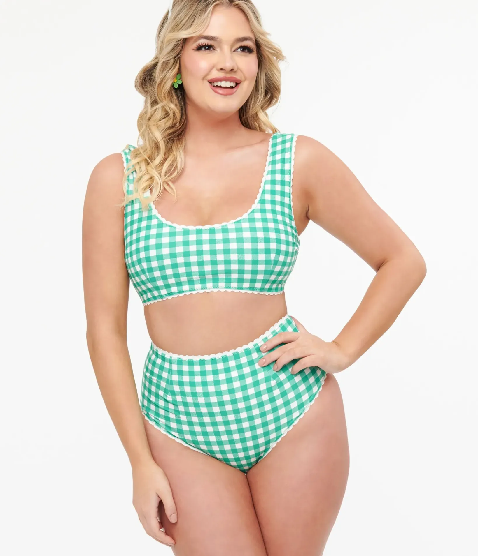 Unique Vintage Swim Bottoms|Two Piece Swim>Green & White Gingham Bikini Bottoms