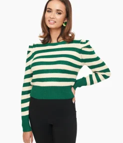 Unique Vintage Sweaters & Cardigans|Work Wear>Green & White Stripe Yara Knit Sweater