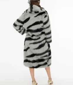 Unique Vintage Coats & Jackets>Grey & Black Zebra Long Faux Fur Coat