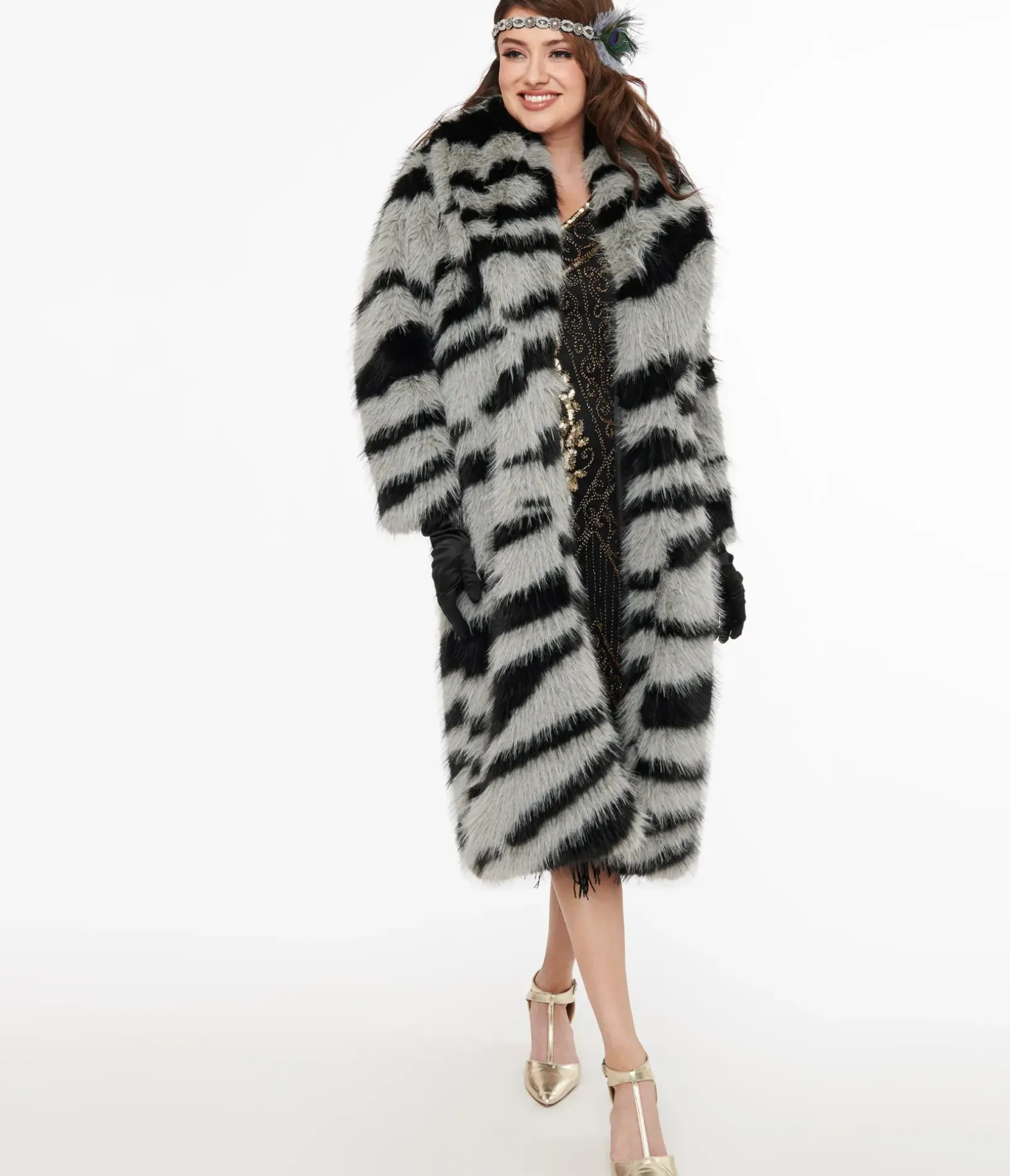 Unique Vintage Coats & Jackets>Grey & Black Zebra Long Faux Fur Coat