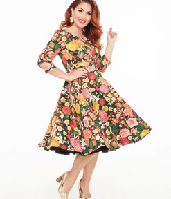 Unique Vintage Swing|Pocket Dresses>Hearts & Roses Black Floral Cassidy Swing Dress