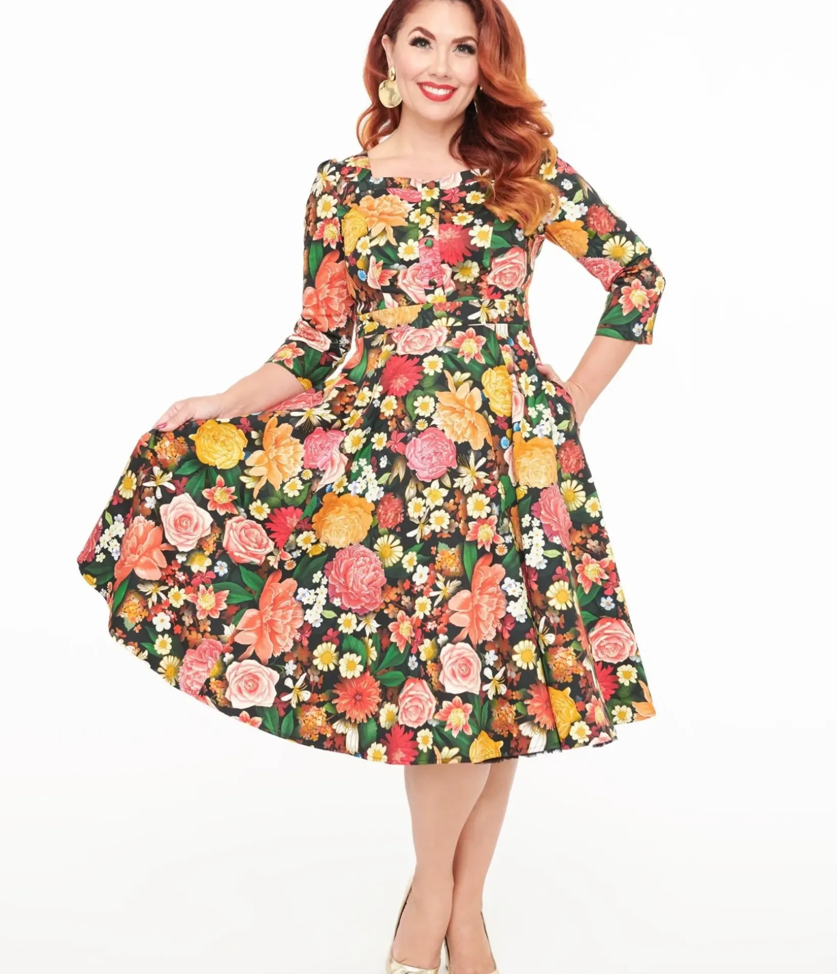 Unique Vintage Swing|Pocket Dresses>Hearts & Roses Black Floral Cassidy Swing Dress