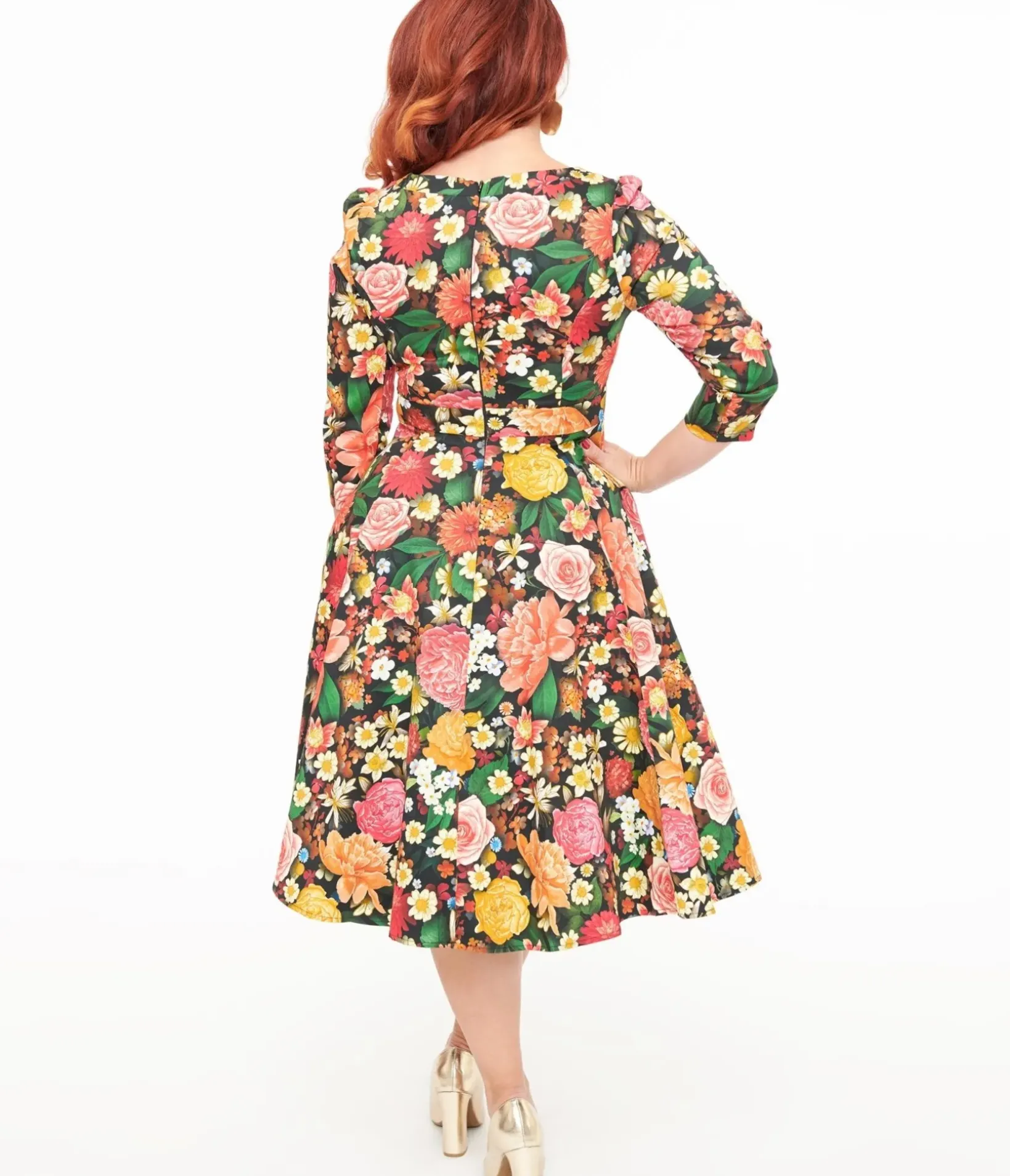 Unique Vintage Swing|Pocket Dresses>Hearts & Roses Black Floral Cassidy Swing Dress