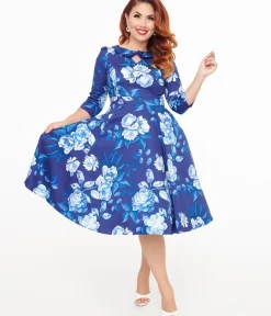 Unique Vintage Swing|Pocket Dresses>Hearts & Roses Blue & White Floral Dafney Swing Dress