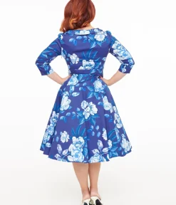 Unique Vintage Swing|Pocket Dresses>Hearts & Roses Blue & White Floral Dafney Swing Dress
