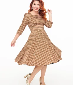 Unique Vintage Swing|Pocket Dresses>Hearts & Roses Brown Check Daniella Swing Dress