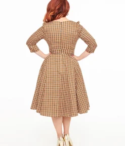 Unique Vintage Swing|Pocket Dresses>Hearts & Roses Brown Check Daniella Swing Dress