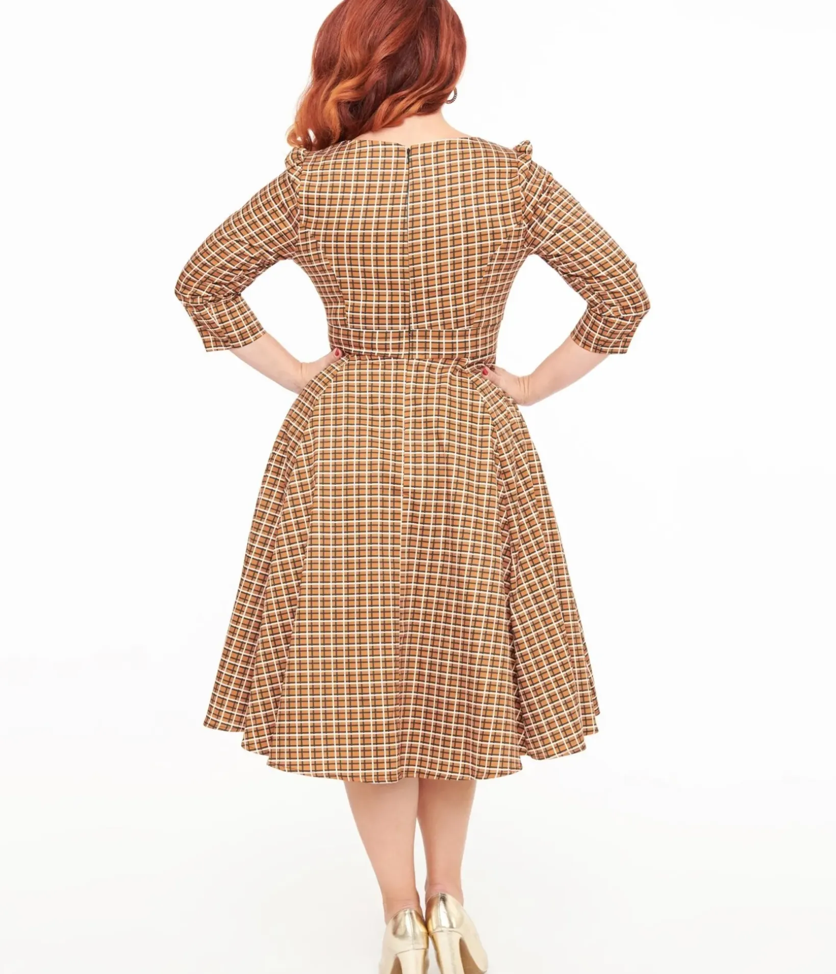 Unique Vintage Swing|Pocket Dresses>Hearts & Roses Brown Check Daniella Swing Dress