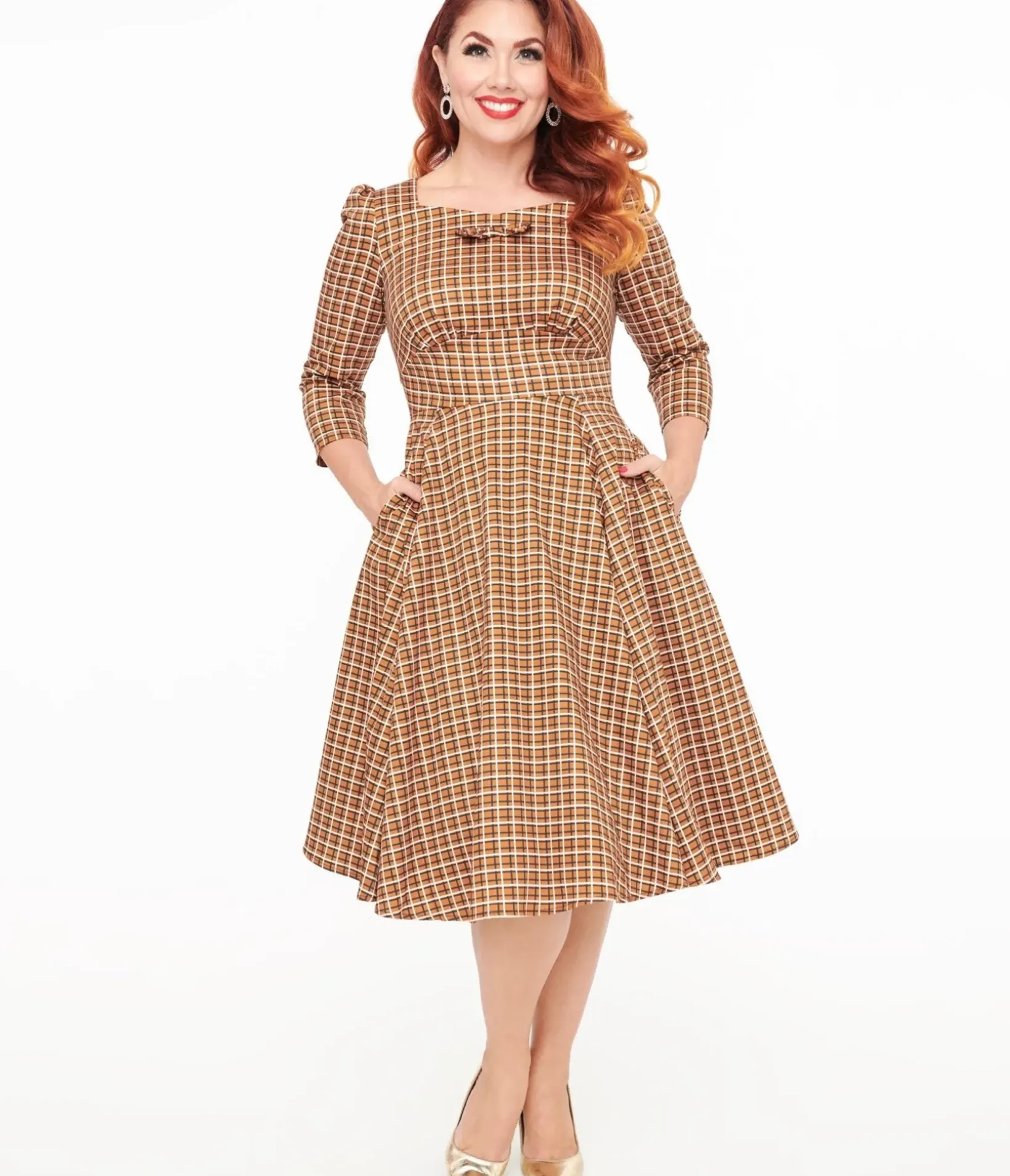 Unique Vintage Swing|Pocket Dresses>Hearts & Roses Brown Check Daniella Swing Dress