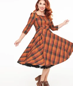 Unique Vintage Swing|Pocket Dresses>Hearts & Roses Brown & Orange Check Caitlin Swing Dress