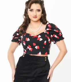 Unique Vintage Blouses|Blouses>Hell Bunny Black & Red Hearts Crop Top