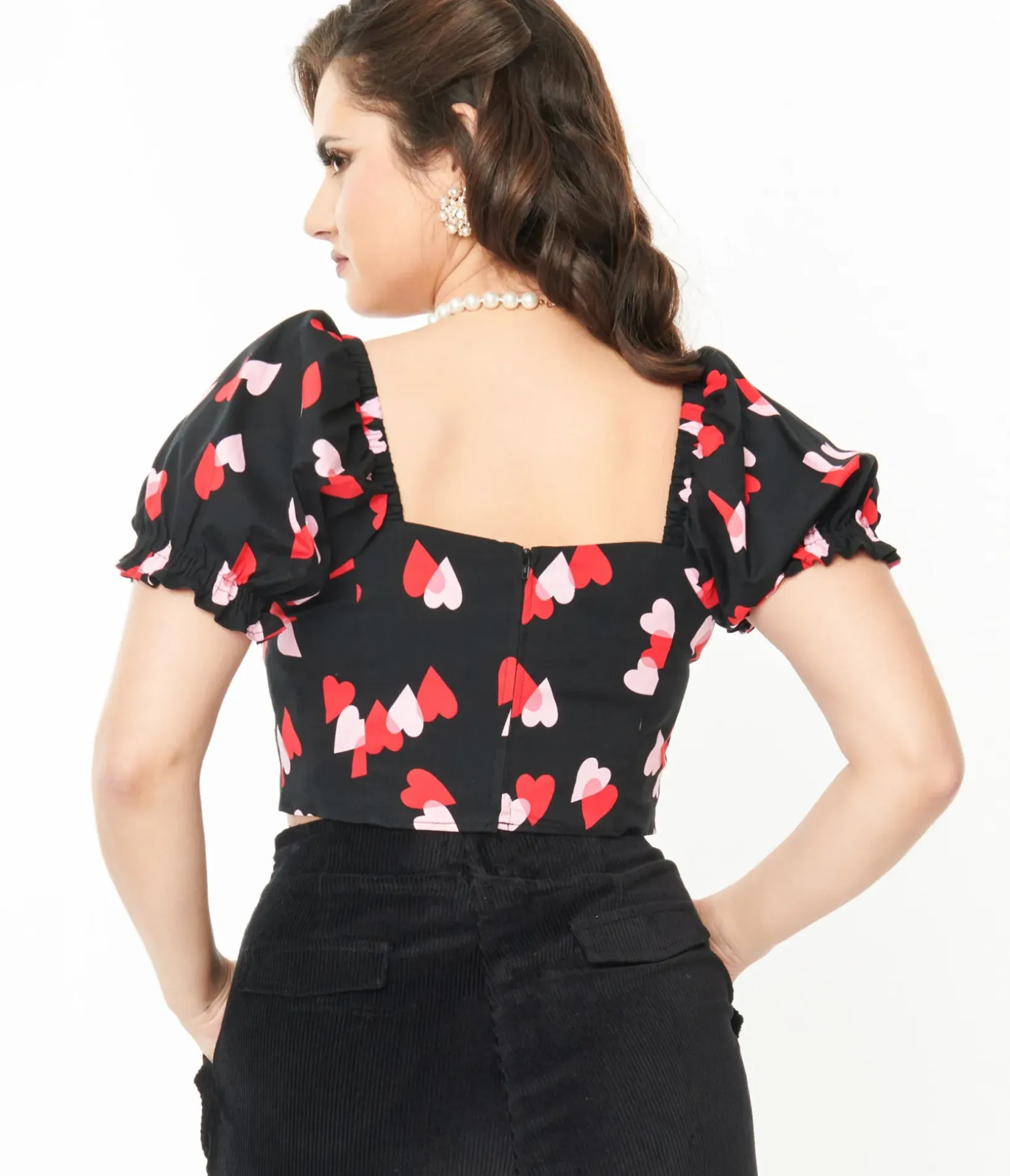Unique Vintage Blouses|Blouses>Hell Bunny Black & Red Hearts Crop Top
