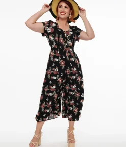 Unique Vintage Rompers & Jumpsuits>Hell Bunny Black Skull & Bone Print Alani Jumpsuit