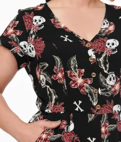 Unique Vintage Rompers & Jumpsuits>Hell Bunny Black Skull & Bone Print Alani Jumpsuit