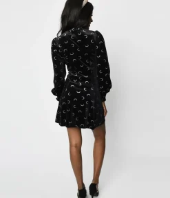 Unique Vintage Fit & Flare|Fit & Flare>Hell Bunny Black Velvet Misty Moon Mini Dress