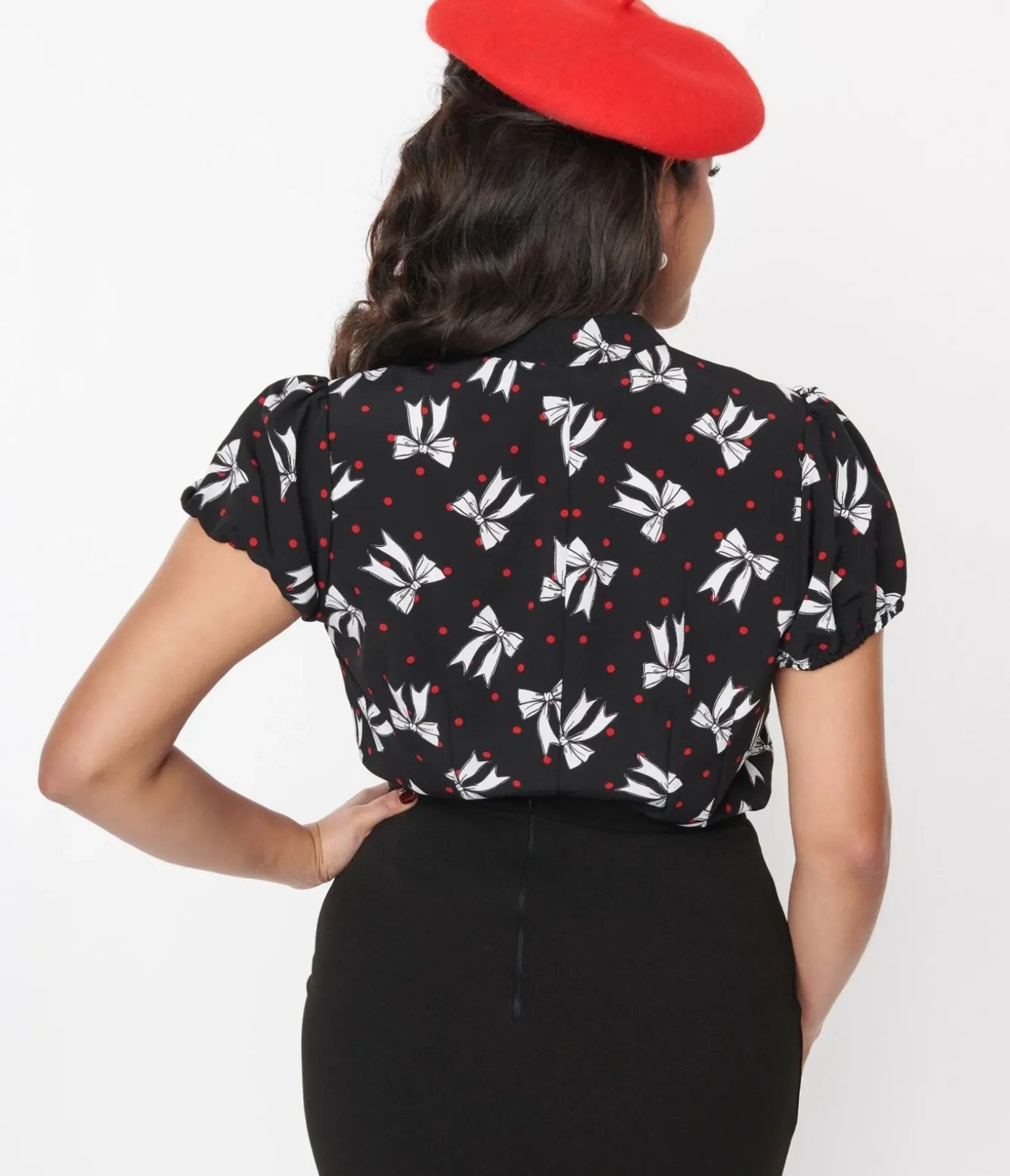Unique Vintage Blouses|Work Wear>Hell Bunny Black & White Bow Print Bobbie Blouse