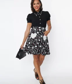 Unique Vintage Skirts>Hell Bunny Black & White Heart Lock Mini Skirt