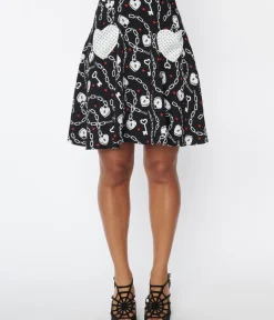 Unique Vintage Skirts>Hell Bunny Black & White Heart Lock Mini Skirt