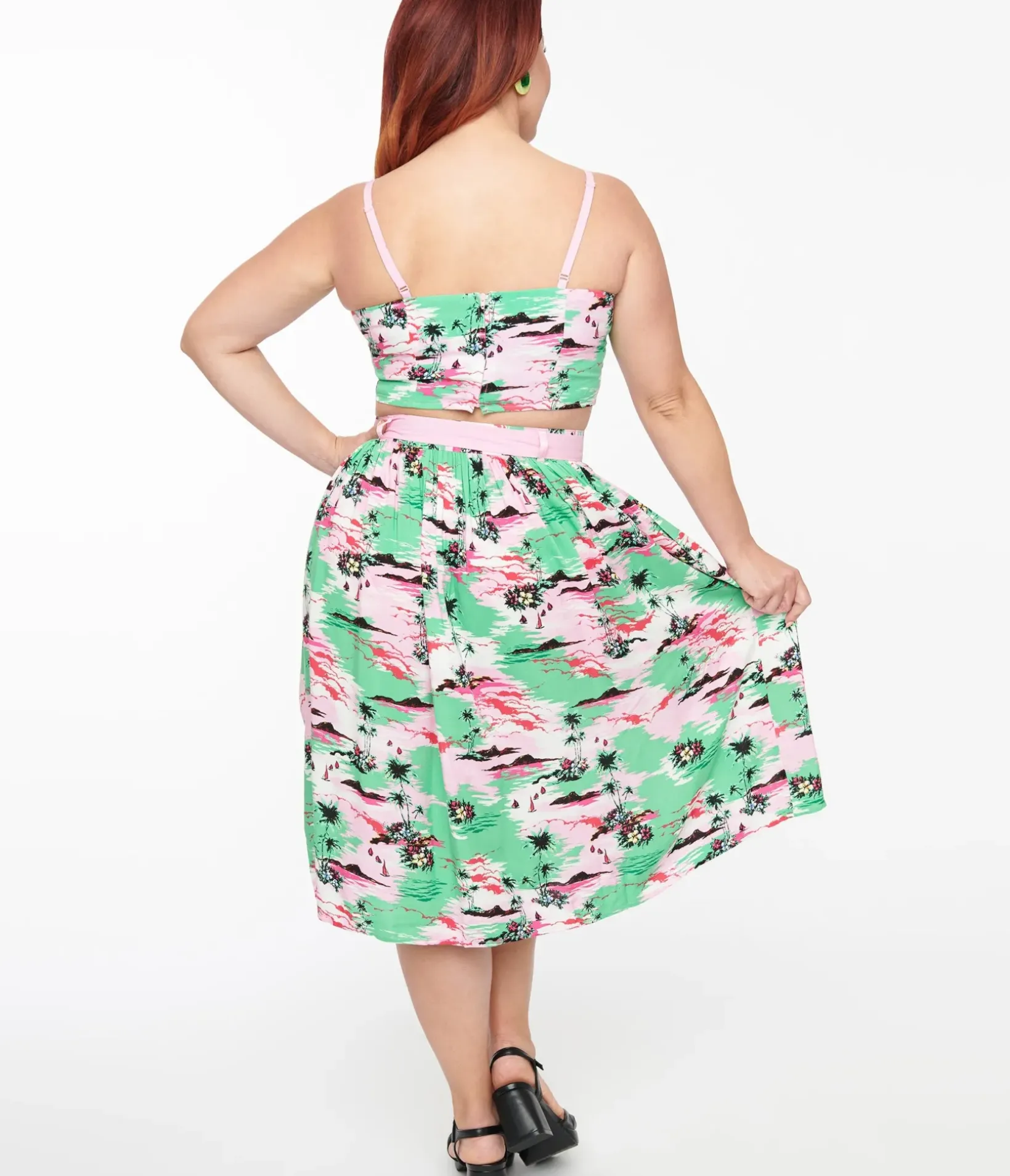 Unique Vintage Skirts|All Things Pink>Hell Bunny Pink & Green Tropical Print Midi Skirt